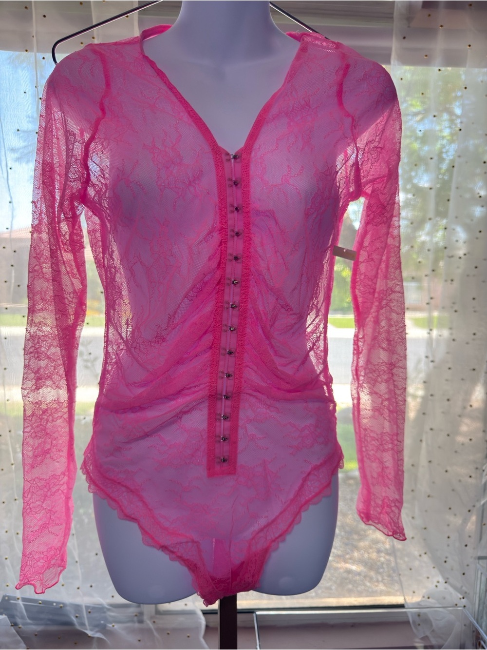 Sheer Lace Long-Sleeve Bodysuit in Hot Pink - Florence